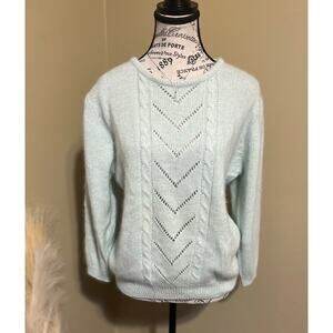 Vintage Knit Sweater Womens Large Seafoam Silk Angora Pullover Pastel Preppy 80s
